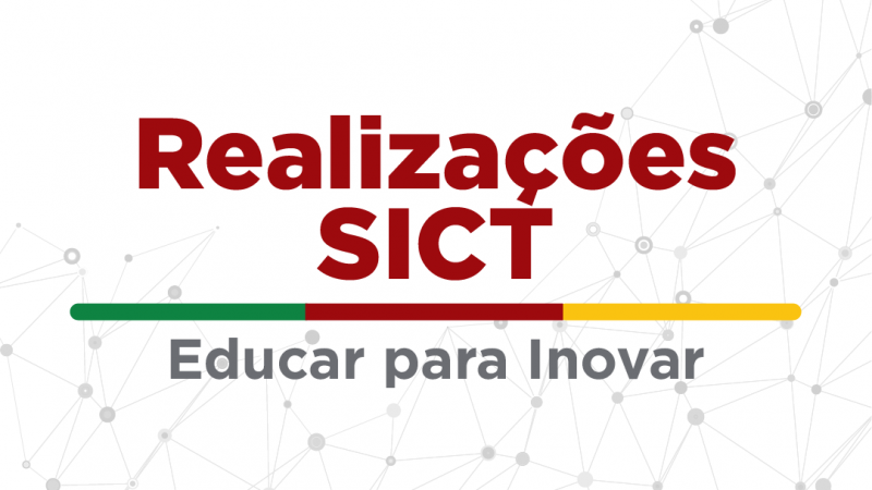 Imagem com a seguinte frase: Realizações SICT, Educar para Inovar. Esta imagem representa tudo o que o projeto Educar para Inovar realizou até o momento na Secretaria de inovação, Ciência e Tecnologia.