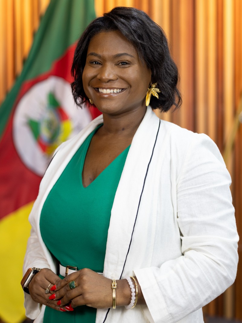 Uma pessoa em ambiente interno, vestida de forma elegante com blazer branco sobre um vestido verde, usando brincos dourados e acess&oacute;rios, posicionada diante de uma bandeira colorida